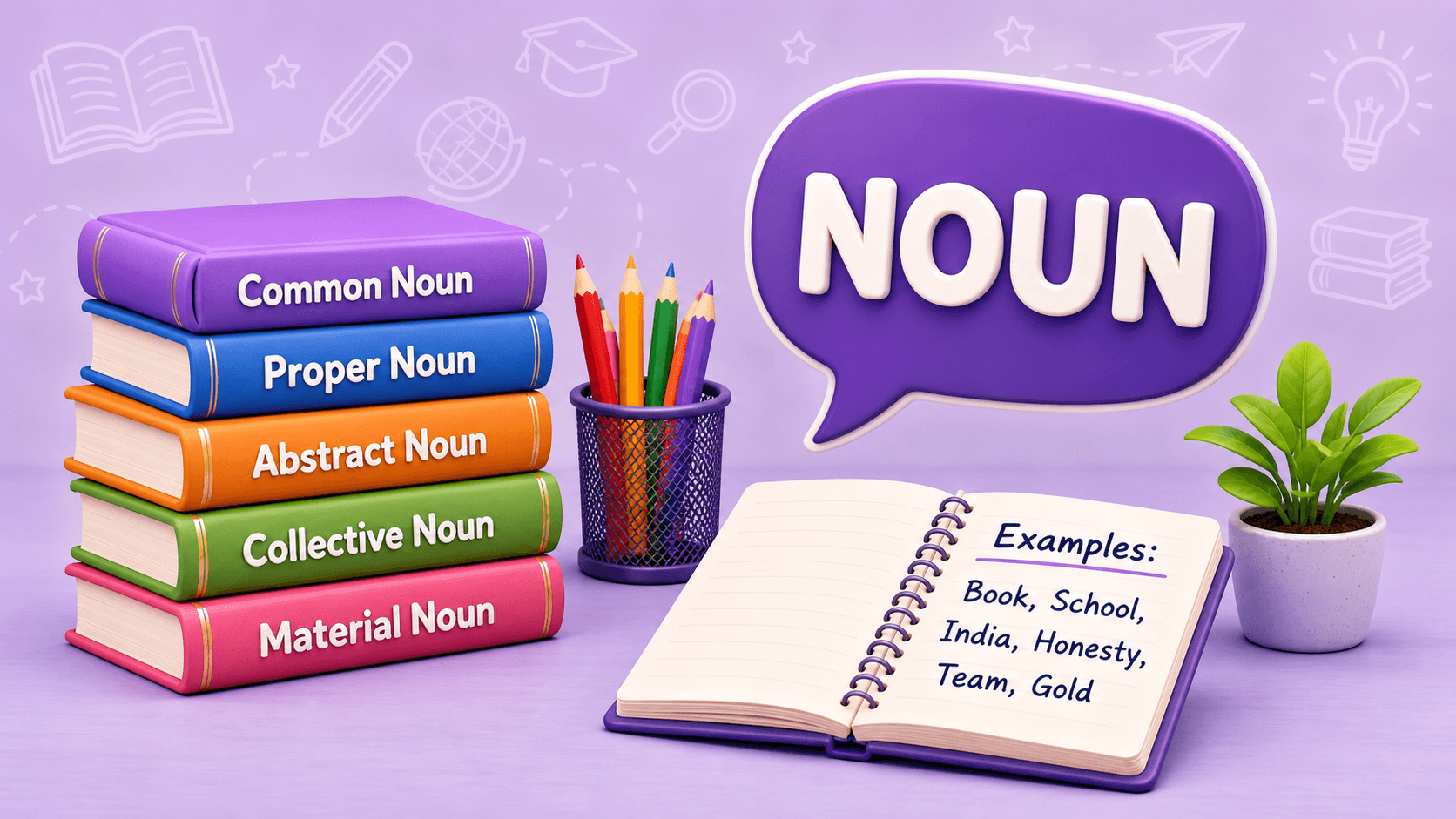 Noun grammar books, examples notebook and learning materials