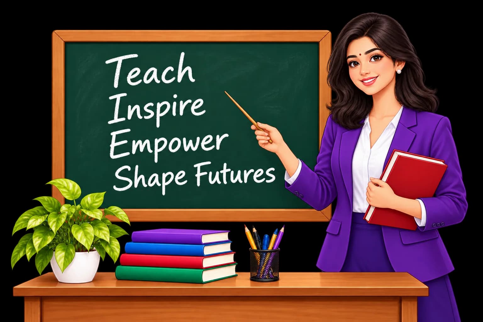 Teacher pointing to a chalkboard with a study plan