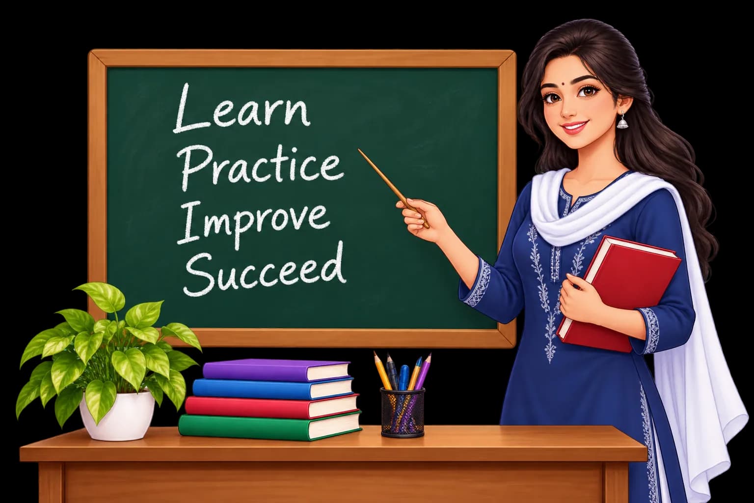 Teacher pointing to a chalkboard with a study plan