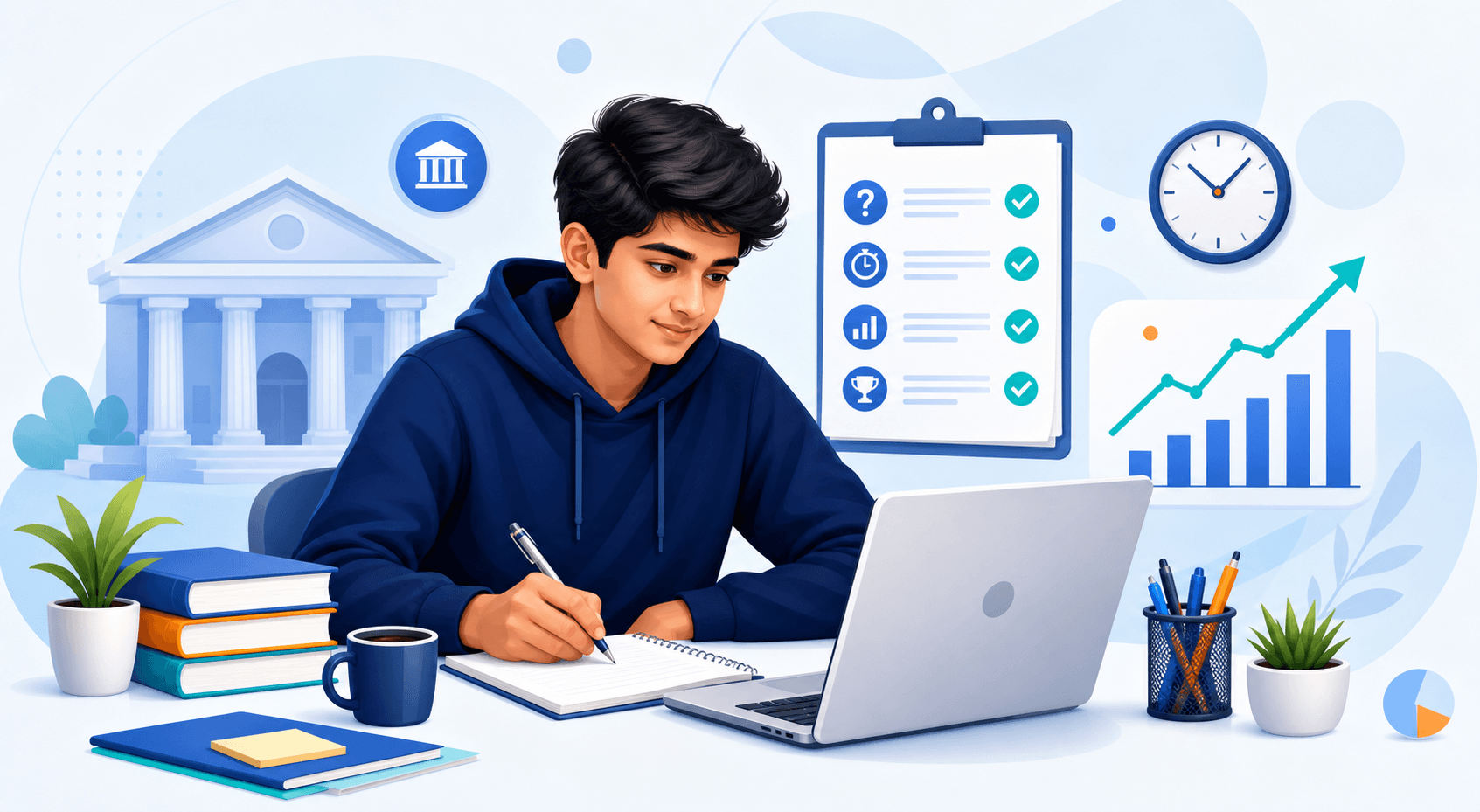 Student preparing for banking mock tests with a laptop, study notes and performance chart