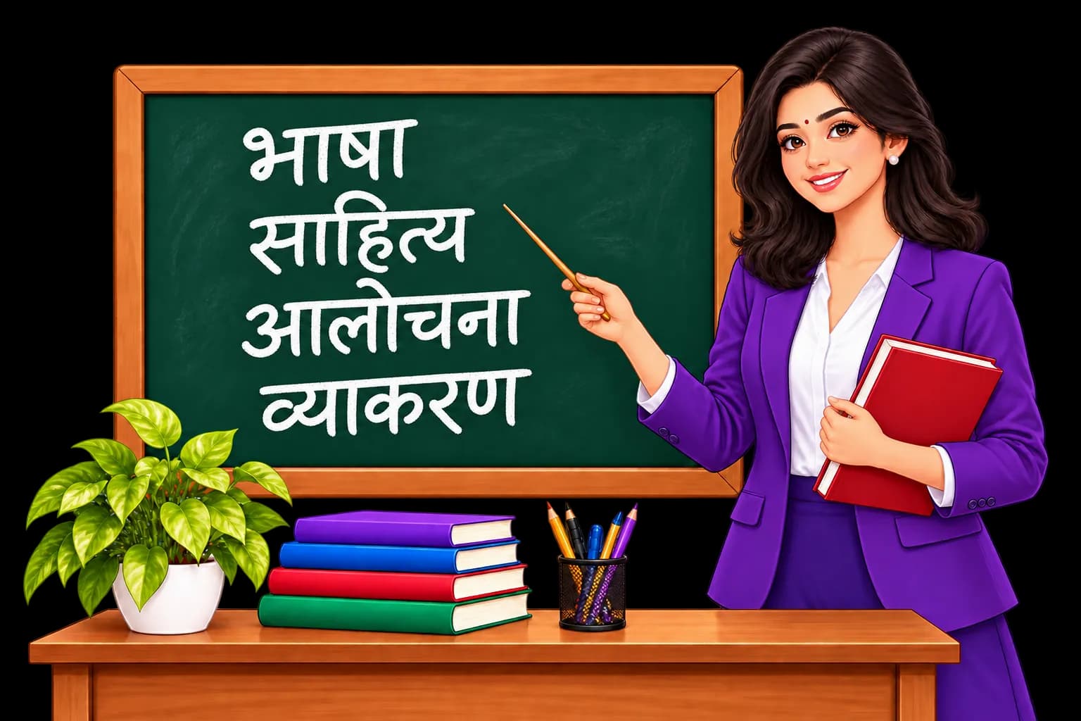 Hindi teacher pointing to a chalkboard with Hindi study topics