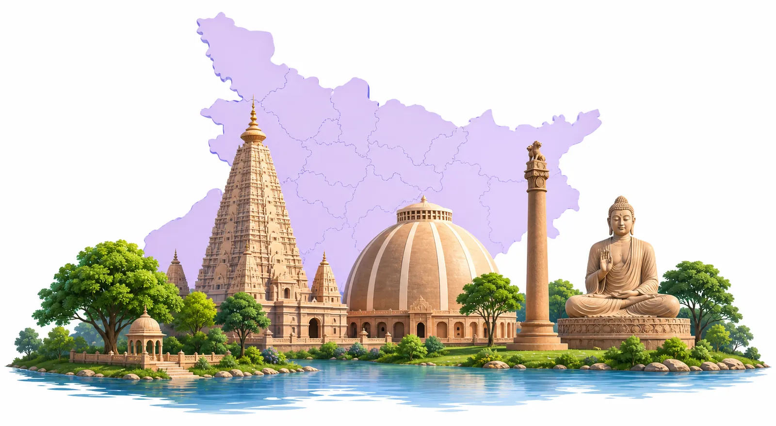 Original illustration of Bihar's map and cultural landmarks