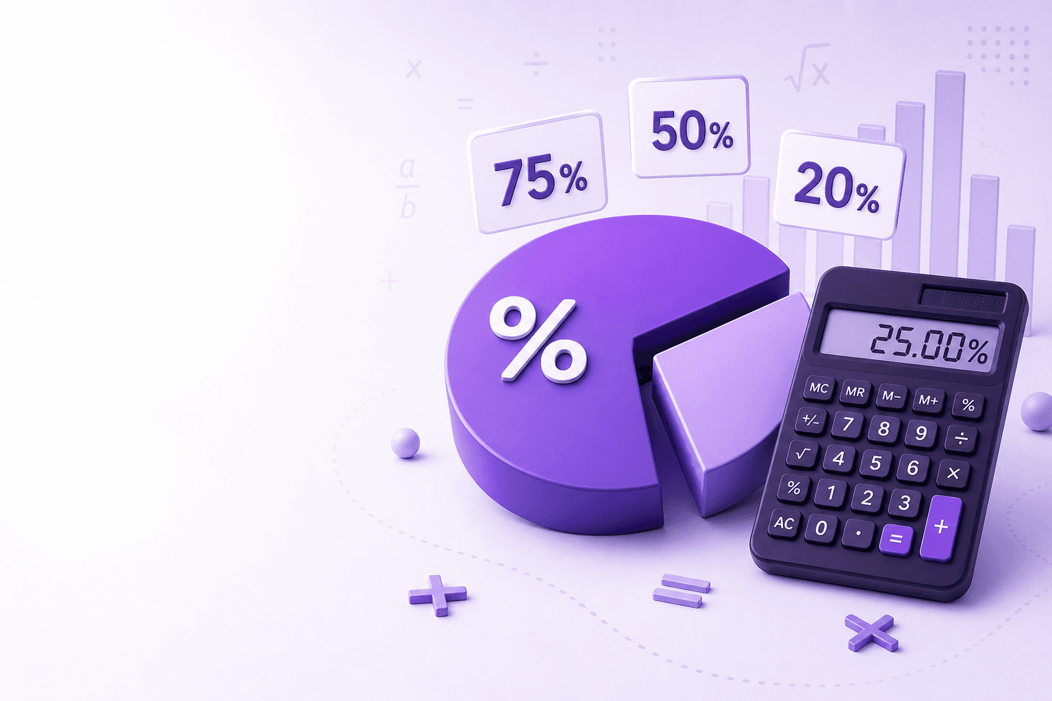 Purple percentage pie chart and calculator for Percentage practice