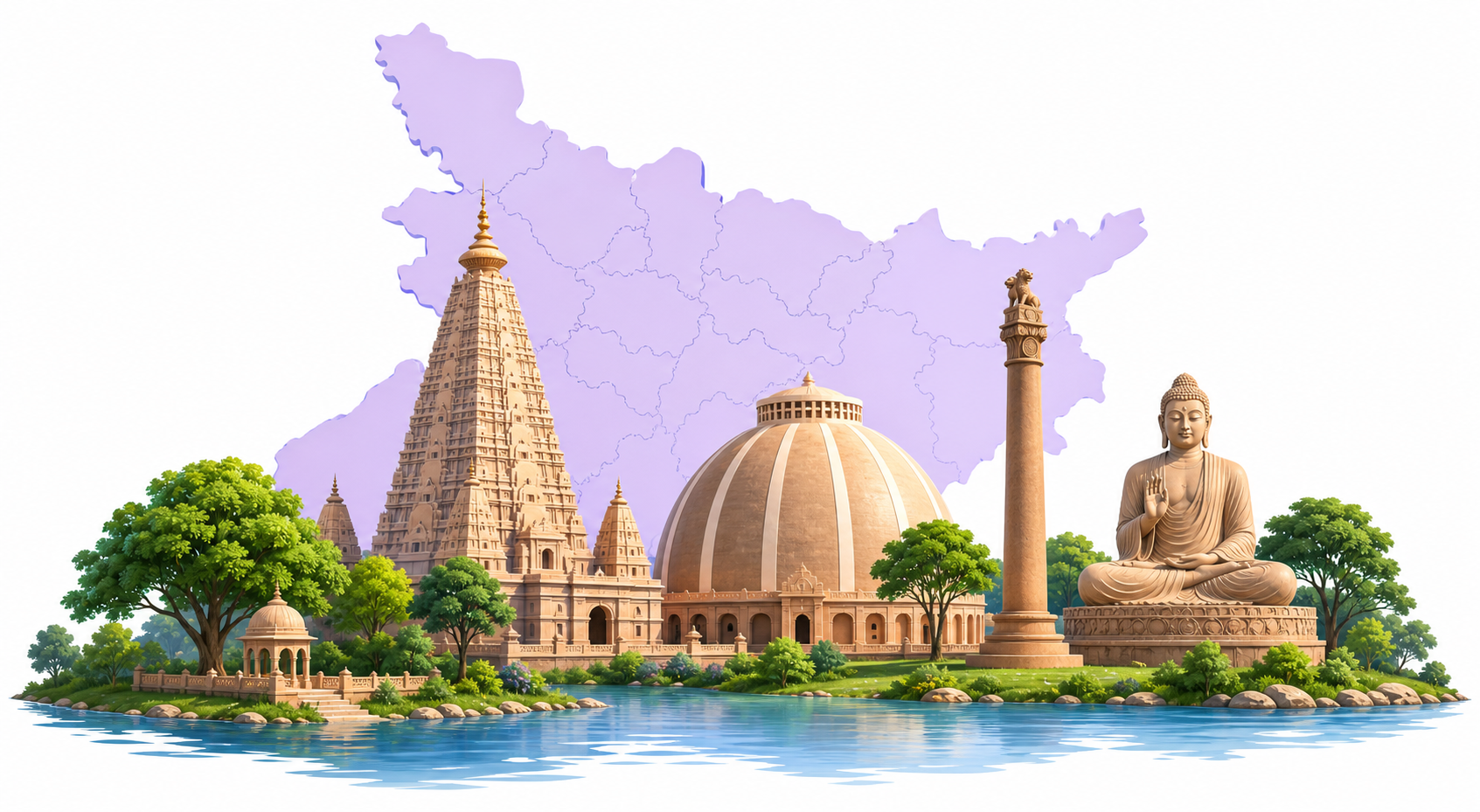 Original illustration of Bihar's map and cultural landmarks